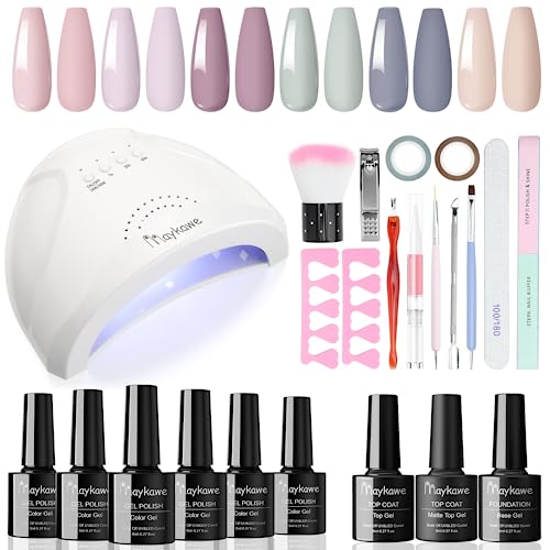 Maykawe Shellac Set Starterset mit Lampe 48W, 6 Farben Gel Nagellack Nude Grau Rosa Lila UV Nagellack Set, Base und Top Coat, Maniküre Nail Art Zubehör, Schellack Nagelstudio Kit für Anfänger