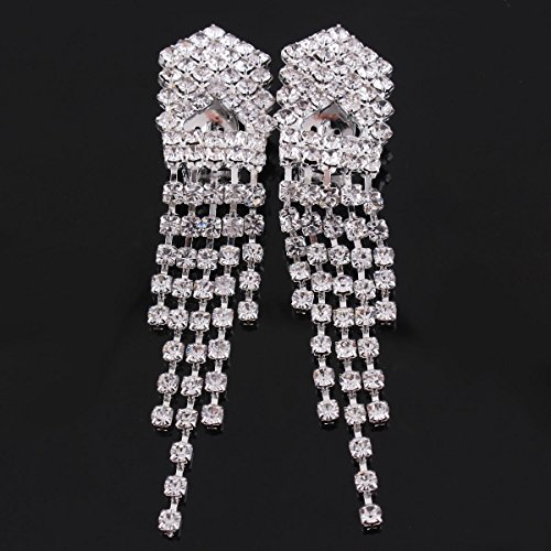 Grace Jun Bridal Silver Crystal 5 Strand Long Tassel Clip On Earrings For Women Fashion Dangle Earrings #TOP2