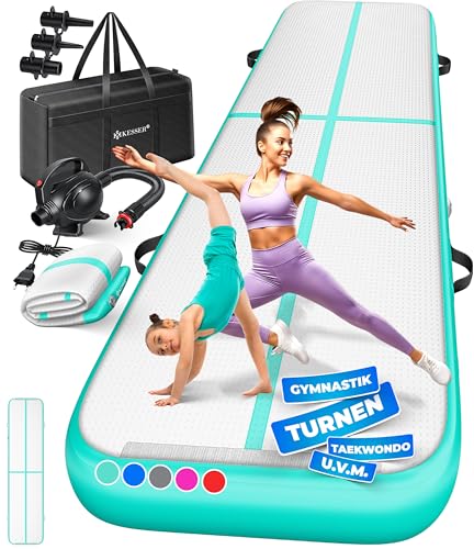 KESSER® Turnmatte Aufblasbar Airtrack Fitness-Matte Gymnastikmatte | inkl. Tragetasche & elektr. Luftpumpe | Yogamatte, Tumbling Matten, Trainingsmatte (Mint Grün, 400 x 100 x 10 cm)