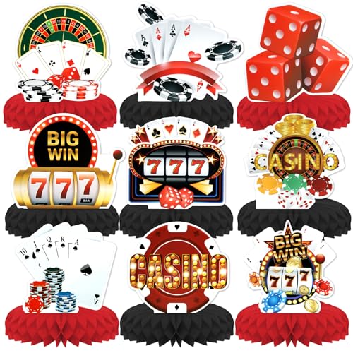 Casino Theme Party Decorations,9 PCS KSKSPE Casino Centerpieces for Tables Honeycomb Centerpieces 3D Casino Theme Party Decor Supplies Boys Girls