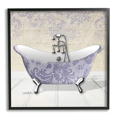 Stupell Industries Purple Damask Claw Foot Tub Bathroom, Design by Diane Stimson Black Framed Wall Art, 12 x 12