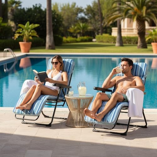 LOLAhome Set de 2 Sillones de Jardín Acolchado, Reclinable con Reposapiés Azul. Estructura de Tubo de Acero anticorrosión y Lona a Rayas. Colchón de 5 cm de Grosor, Plegable. 61x58x106 cm. - imagen 8