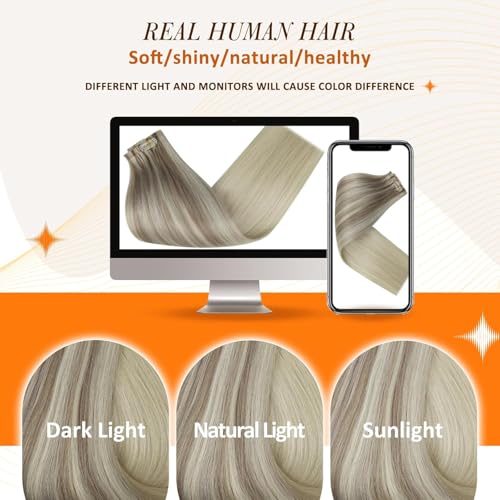 Image of Full Shine Clip in Human Hair Extensions 22 Inch Ash Blonde Balayage Light Blonde Mix Platinum Blonde Real Hair Clip in Extesnions Silky Hair Extension 8 Pcs 120g