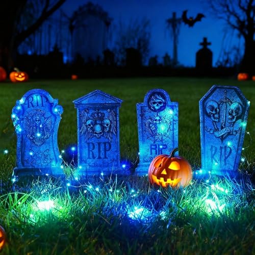 Halloween Grabstein Requisiten 4 Stück Wasserdichtes Halloween Grabsteine Deko mit 8 Stück Lichterkette Den Außenbereich gruselige Grabsteine für Garten Dekoration