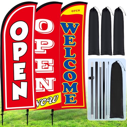 Image of Buryeah 3 Sets Now Open Feather Flag Banner for Business Advertising 7 Feet Tall Grand Opening Feather Flag Sign with Fiberglass Pole Kit Rotating Ground Spike and Portable Bag(Red)