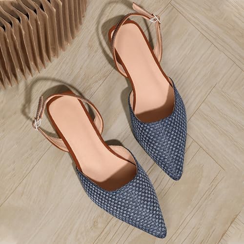 Women's Cute Woven Low Chunky Heeled Pointed Toe Slingback Heels, Classic Closed Toe 1.06-Inch Slip on Pumps for Women, Walking Shopping Summer Casual Dress Shoes3