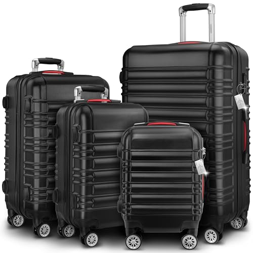 Monzana® 4Pc Travel Suitcase Set with Organiser, Scale & Strap | Lightweight ABS Hard Shell Luggage | 4 Spinner Twin Wheels | Scratch Resistant Lockable Cabin Trolley Cases | S-M-L-XL | Black