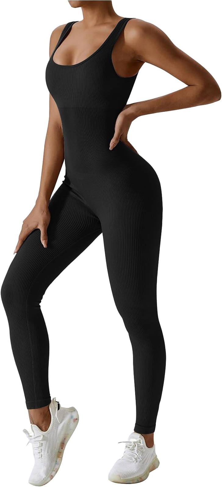 MAYROUND Gym Jumpsuit for Women One Piece Ribbed Rompers Sleeveless Bodycon Sports Leggings Square Neck Tank Top Playsuit