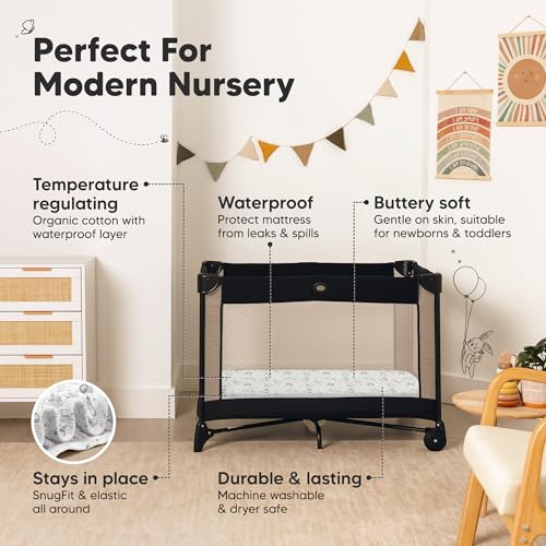 Image of 2 Pack and Play Sheets, Waterproof Mini Crib Sheets Fitted - 38x26 Organic Cotton Pack N Play Sheets for Graco Pack and Play Mattress, Playard Baby Crib Sheets,Neutral for Boy,Girl,Toddler(KeaSafari)