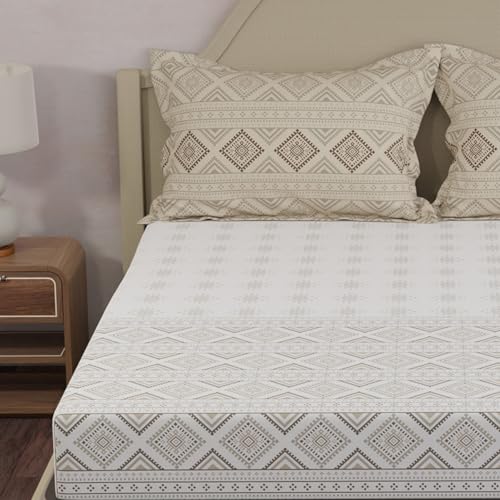 Image of Layers 100% Cotton King Size Bedsheet Set | Grey & White Ethnic Print | 120 TC Forever Collection | Soft & Breathable | Washable Bedsheet with 2 Pillow Covers | All Season