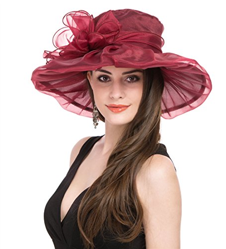 Women's Organza Church Kentucky Derby British Fascinator Bridal Tea Party Wedding Hat Summer Ruffles Cap, Hjh-burgundy Bowknot, Medium - Thumbnail 4