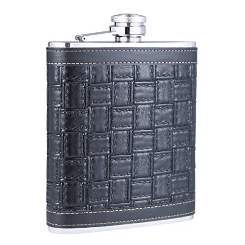 TOX TANEAXON 18 oz Square Pattern Black Stainless Steel Whiskey Liquor Hip Flask with Leather Wrapped