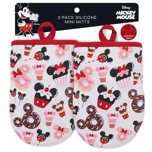 Image of Disney Mickey & Minnie Mini Oven Mitts, 2-Pack, Heat Resistant 450F | Compact 5.5 inchx7.5 inch pot holders for kitchen, printed silicone offers non-slip grip, ambidextrous, hand wash or spot clean