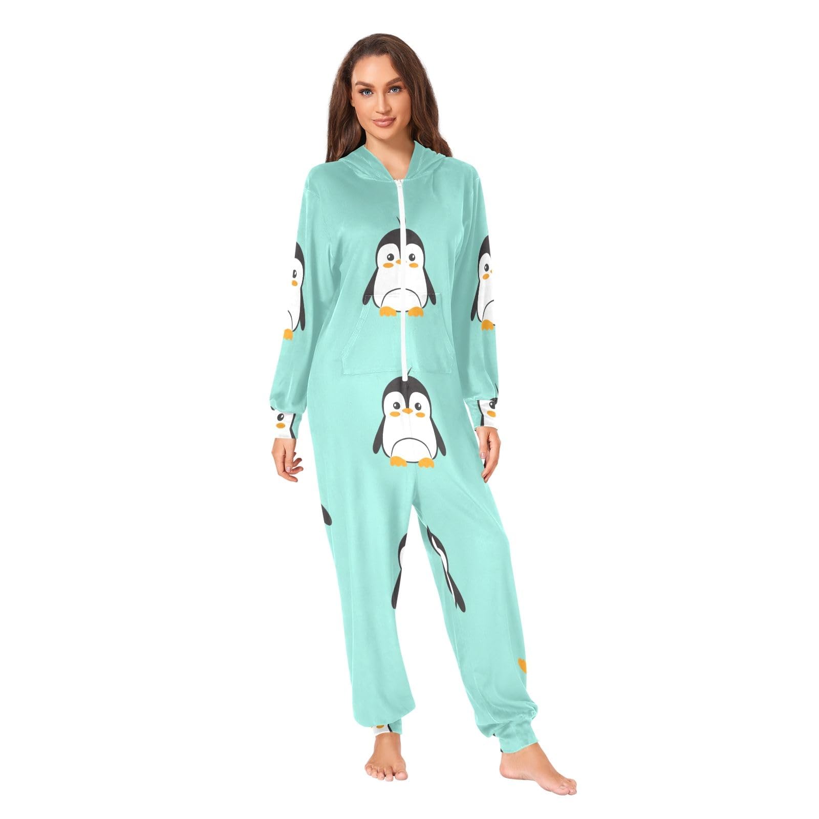Pigiama intero natalizio con pinguino carino verde adulto tuta con cappuccio cerniera tuta in pile loungewear per donne uomini