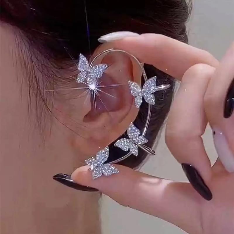 1Pair Butterfly Ear Cuffs, Drop Earrings, Rhinestone Embellished, Fashion Jewelry for Women, Trendy Accessories for Casual Wear, Stylish Dangle Earring for Everyday Use (Silver)4