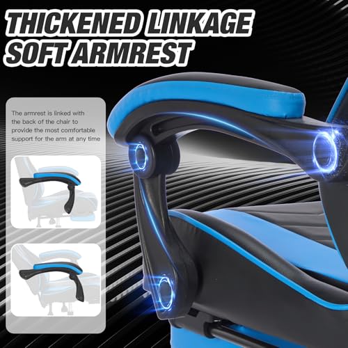 Image of Blue Gaming Chair with Headrest and Lumbar Support, High Back Computer Office Desk Chair with Footrest, 360 Swivel Height Adjustable Recliner Game Chair