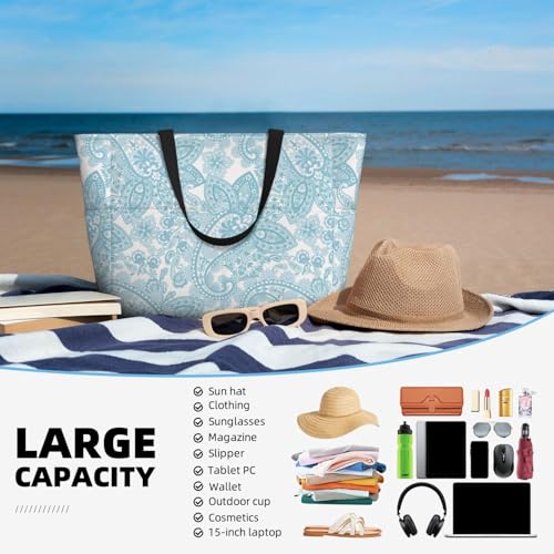 White Light Blue Paisley Large Beach Bag Waterproof Sandproof Swim Tote Pool Bag For Women With Zipper4