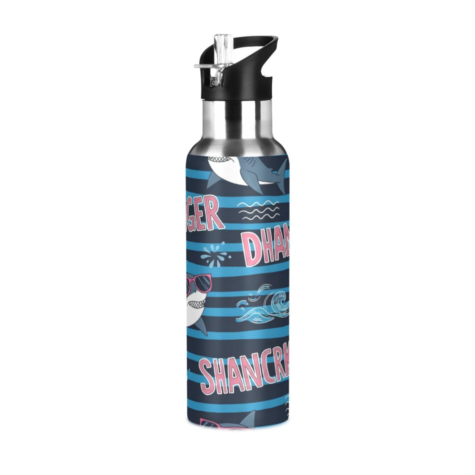 BOESI Striped Sharks Insulated Water Bottle 600ml, Stainless Steel Vacuum Sports Bottle with Straw, Leak Proof Thermal Bottle for Gym Travel Outdoor