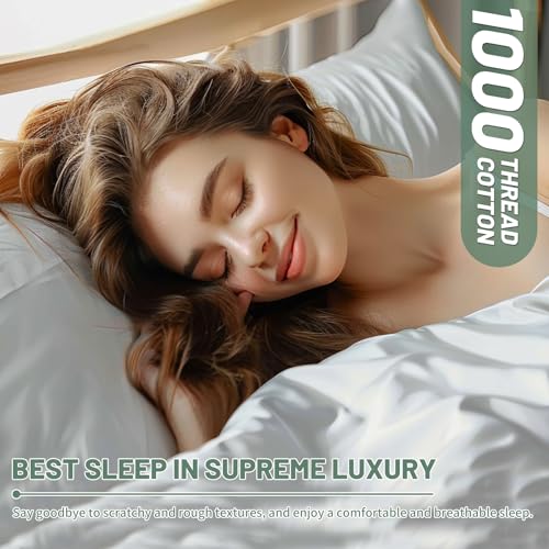 MEISHANG 1000 Thread Count Egyptian Cotton Sheets Queen - 100% Egyptian Cotton Sheet Set, Sateen Weave, Soft & Breathable, 16" Deep Pockets - 4 Piece (Queen, Sage Green)