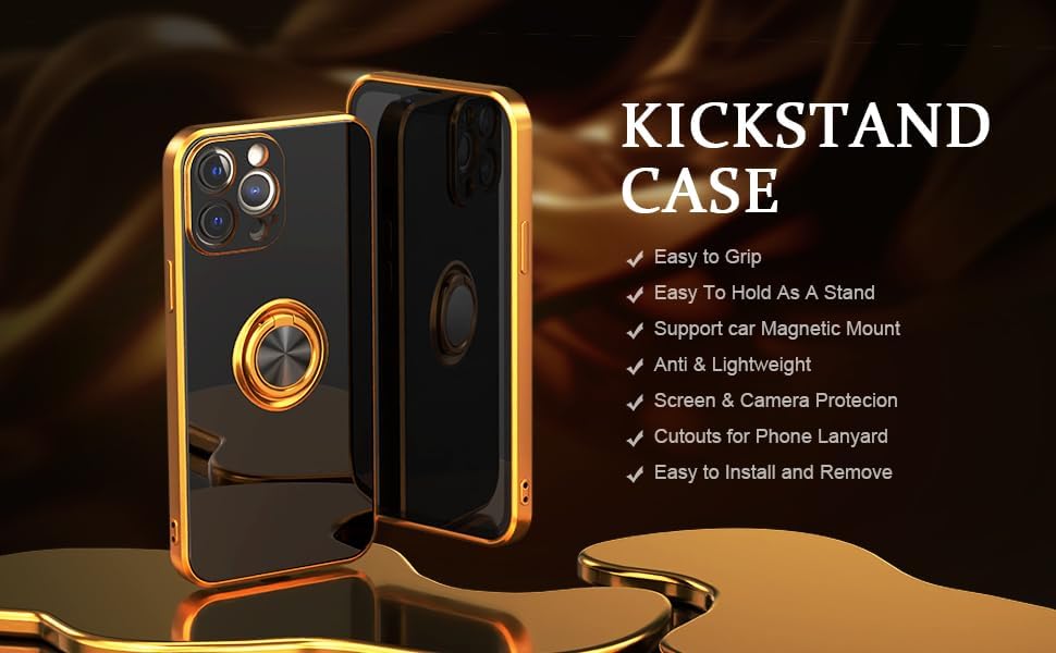 Miniatura 8 de IDweel Funda para iPhone 13 Pro Max con soporte de anillo de 360, soporte magnético, ligera, delgada, borde de oro rosa, TPU suave, protección de