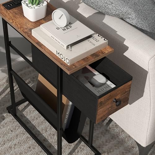 Image of EXOTICA Small Narrow End Table with Charging Station and USB Ports Slim Sofa Side Table with Fabric Drawer Record Stand Vinyl Regal Storage for Small Space in Living Room Bedroom Rustic Brown