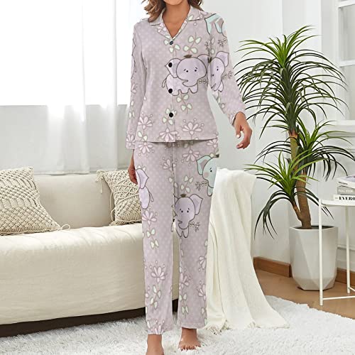 Elephants And Flowers,Women's Cute Sleepwear Tops With Pants Pajama Sets_Xl #TOP1