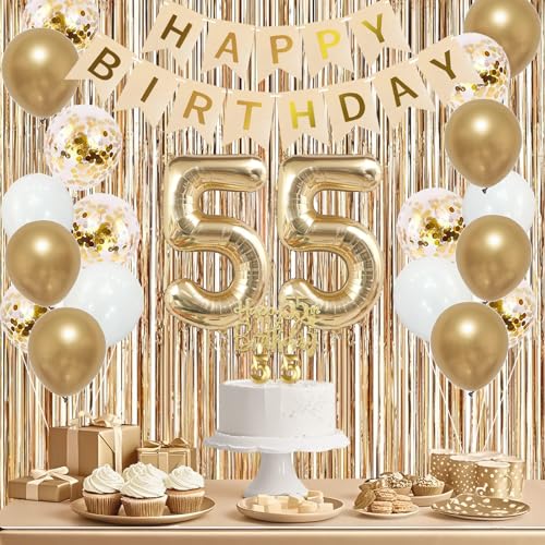 Image of Trgowaul 55th Birthday Decorations for Women, Banner, Sash and Crown, Cake Topper, 55 Number Balloon, Fringe Curtains, Champagne Gold 55th Birthday Party Supplies
