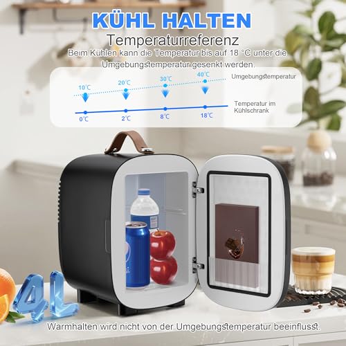 Enventor Mini Kühlschrank, 4 Liter/6 Dosen, Tragbarer Kühler und Wärmer, AC+12V DC-Stromversorgung, Kleiner Kühlschrank für Schlafzimmer, Auto, Hautpflege, Obst und Getränke, Schwarz