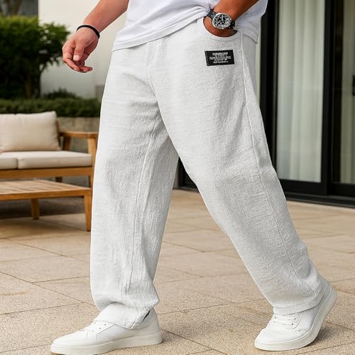 Mokaloha Mens Pants, 2025 New Men's Casual Hemp Fabric Drawstring Loose Elastic Waist Loose Pocket Trousers2