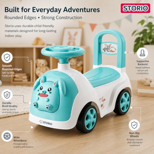 Image of Storio Rabbit Baby Ride-On Car Toy | Non-Battery Push Car for Kids with Backrest & Steering Wheel | Baby Ride On Toy for Boys & Girls 1-3 Years | Ocean Blue