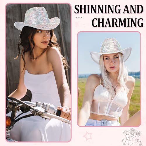 Image of Hercicy Rhinestone Cowboy Hat with Diamond Fringe CowHat for Cosplay Wedding circumference between 21.5 and 23.5 inches