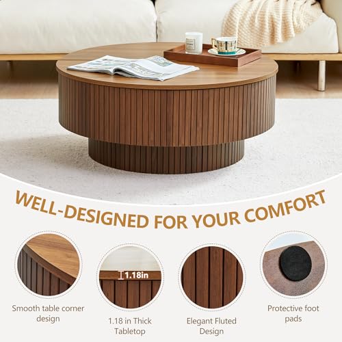 Image of 33 inch Round Coffee Table with Lift-Top & Flip-Top Storage, Modern Accent Fluted Coffee Tables with Metal Frame, Wooden Circle Center Table for Living Room Small Space Apartment Office (Walnut)