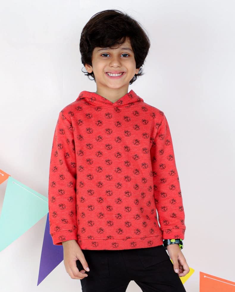 The Mom Store Printed Cotton Full Sleeves Hoodie for Boys| 100% Cotton with Brushed Fleece | Kids Winter wear | Cute Prints | Comfortable | Warm | Red | 3-4 | - Image 7 thumbnail