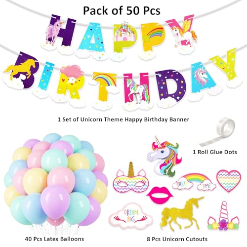 Image of Rozi Decoration Unicorn Theme Birthday Kit | 50-Piece Set with Pastel Balloons, Unicorn Cutouts & Happy Birthday Banner | Magical Party Decor for Girls