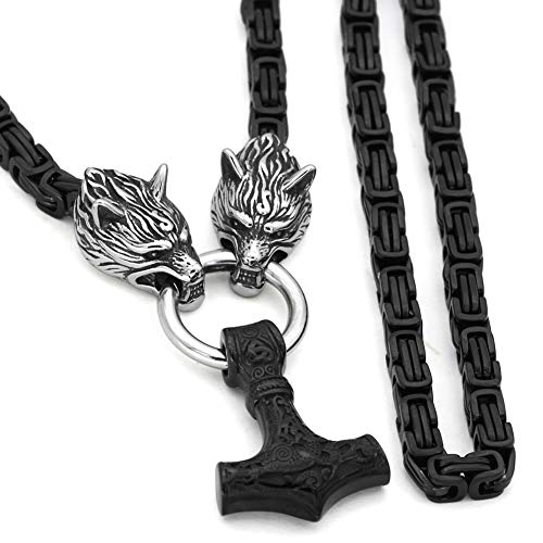 GuoShuang Men Stainless Steel Wolf Head Norse Viking Amulet Thor Hammer Pendant Necklace Viking King Chain