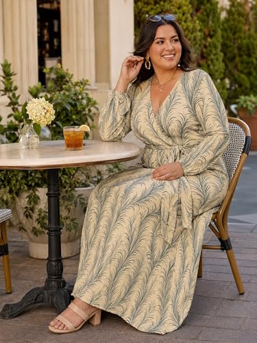 Image of PinkPatty Women's Long Sleeve Maxi Dress Plus Size Trendy Wedding Guest Wrap Dress with Pockets&Belt