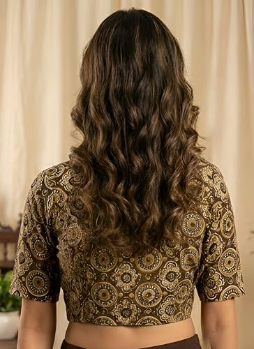 Image of Yash Gallery Women's Ethnic Printed Cotton Crop Blouse Top with Both Side Bobbin Elastic | Traditional Short Sleeve Ajrakh Patterned Boho Ethnic Wear | Casual & Festive Fashion Blouse for Women