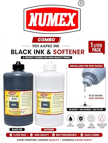 Image of NUMEX Black Batch Printing Ink & Softener Combo | 1000 ml Pack | Fast Drying Formula | for Manual Batch Coding Machines | Suitable for Packaging Use