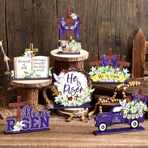 6-Pcs-Religious-Easter-Decorations-He-Is-Risen-Tabletop-Decorations-Rustic-Jesus-Cross-Wood-Tablet-Centerpiece-Farmhouse-Christian-Easter-Table-Sign-for-Easter-Office-Desk-Tiered-Tray-Decor 6 Pcs Religious Easter Decorations He Is Risen Tabletop Decorations Rustic Jesus Cross Wood Tablet Centerpiece Farmhouse Christian Easter Table Sign for Easter Office Desk Tiered Tray Decor