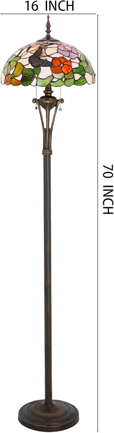 Tiffany Floor Lamp Butterfly Flower Stained Glass Standing Reading Light 16X16X70 Inches Antique Pole Corner Lamp Decor Bedroom Office Living Room