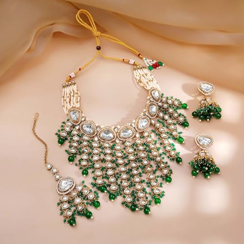 Image of Rubans Necklace Maangtikka Set Gold Plated Kundan & Pearl Jewellery Gift for Women & Girls