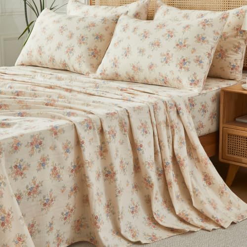 Image of FADFAY 100% Muslin Cotton Sheet Set King Size, 4 Piece Double Gauze Bed Sheets, Naturally Cooling & Breathable Bedding for Hot Sleepers, Vintage Floral(Cream)