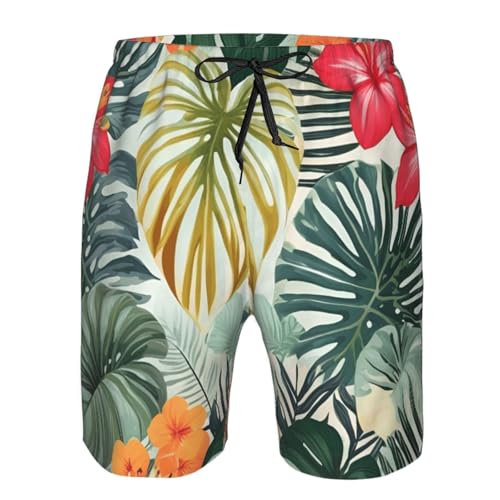 Leaves with Hibiscus Print Stylish Beach Shorts Swim Trunks Lightweight Breathable Summer Outdoor Activities4