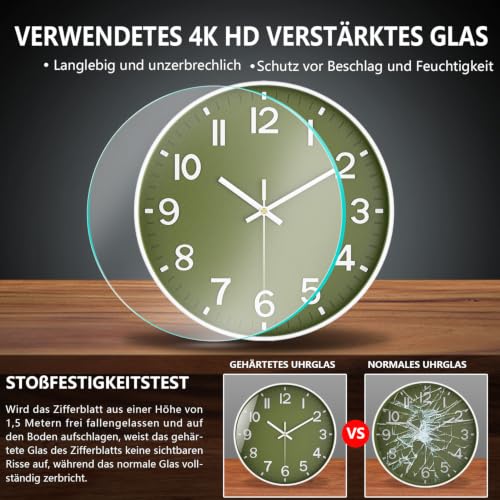 Image of Wall Clocks Battery Operated, 12 Inch Non Ticking Wall Clock, Silent Analog Clock for Bedroom Living Room Kitchen Office Gym Classroom Decor, Large Number Clocks for Seniors, Olive Green