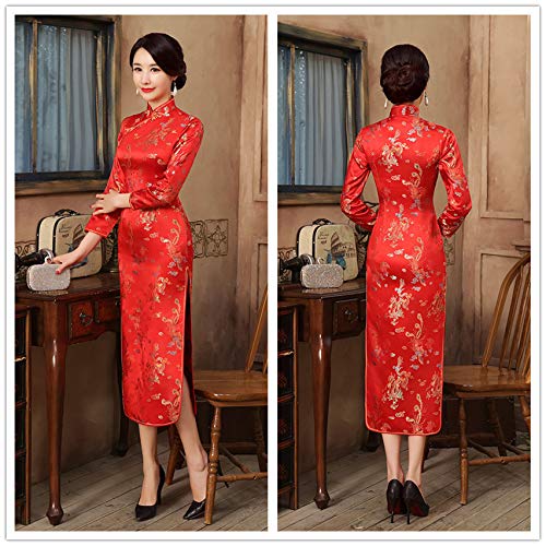 Amazon.co.jp: チャイナドレス 長袖 赤 レッド ロング チャイナ服 中華  