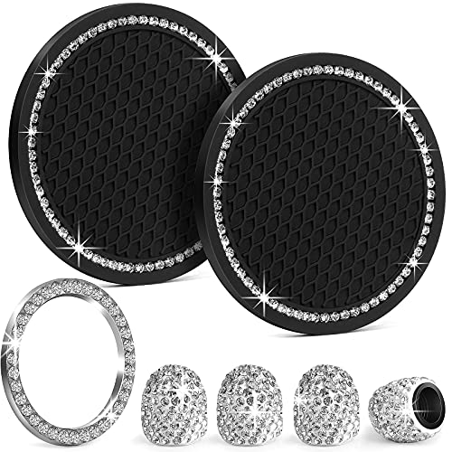 Dcosok Bling Car Accessories for Women: Car Decor | Cute Car Accessories Interior | Valve Stem Caps | Push to Start Accessories | Car Coasters for Cup Holders Rhinestone Car Decorations 7pcs(Silver)
