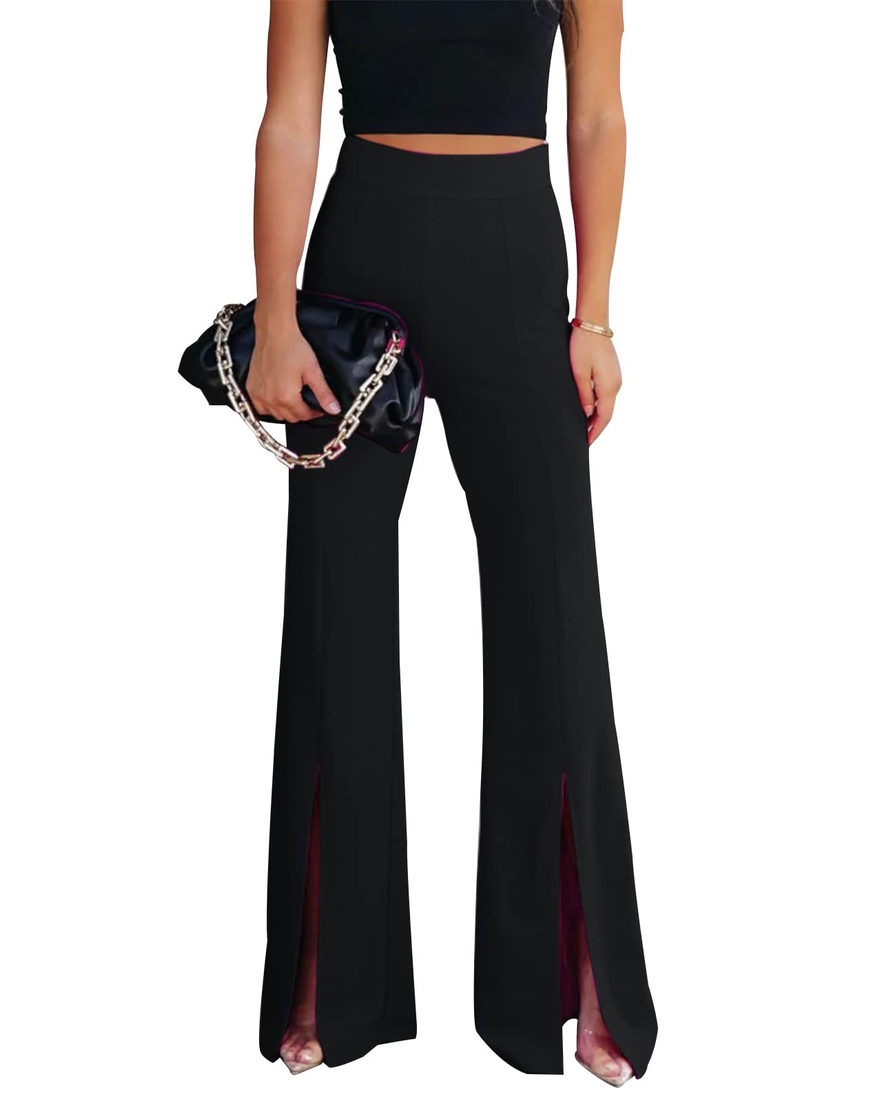 Womens Elastic High Waist Split Hem Flare Leg Elegant Long Pants