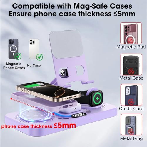 Image of 30W Charging Station for Apple Products, Foldable Wireless Charger with Clock Display&7 Color Light, Wired Charging for iPad /Tablet Charging Station for iPhone17, for Apple Watch11 for AirPods4(Purple
