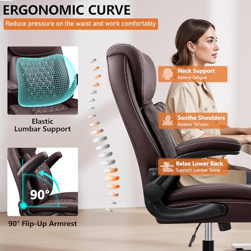 Image of Office Desk Chair, Ergonomic Lumbar Support for Lower Back Pain | Executive Leather Home Chair Comfy with Padded Flip-up Armrests, Coffee, 2-Pack