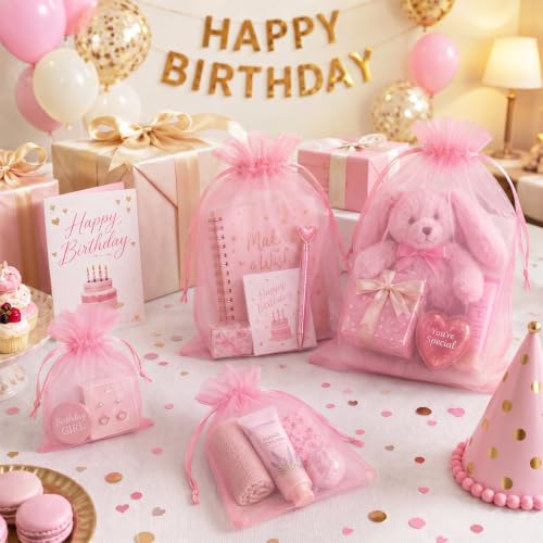 Image of FUNFERY 100PCS Pink Organza Gift Bags 5x7in,Drawstring Pouch for Jewelry